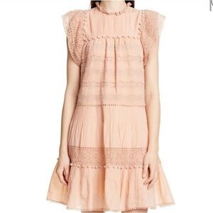 Ulla Johnson Nora Blush Pink Crochet Trim Pom Pom Flutter Sleeve Trapeze Dress